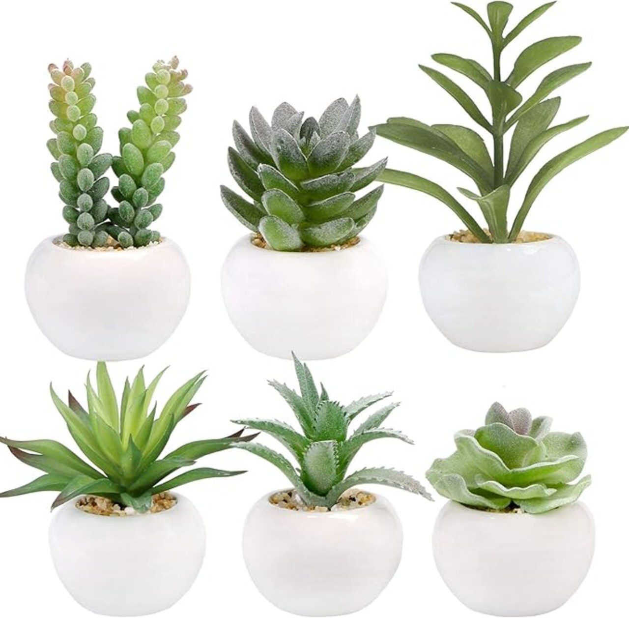 Set of 6 Succulents Plants Artificial in Mini White Ceramic Pots Small Fake Succulents Plant Faux Indoor Decor Windowsills Bedroom Desk Bathroom Office Home Decoration